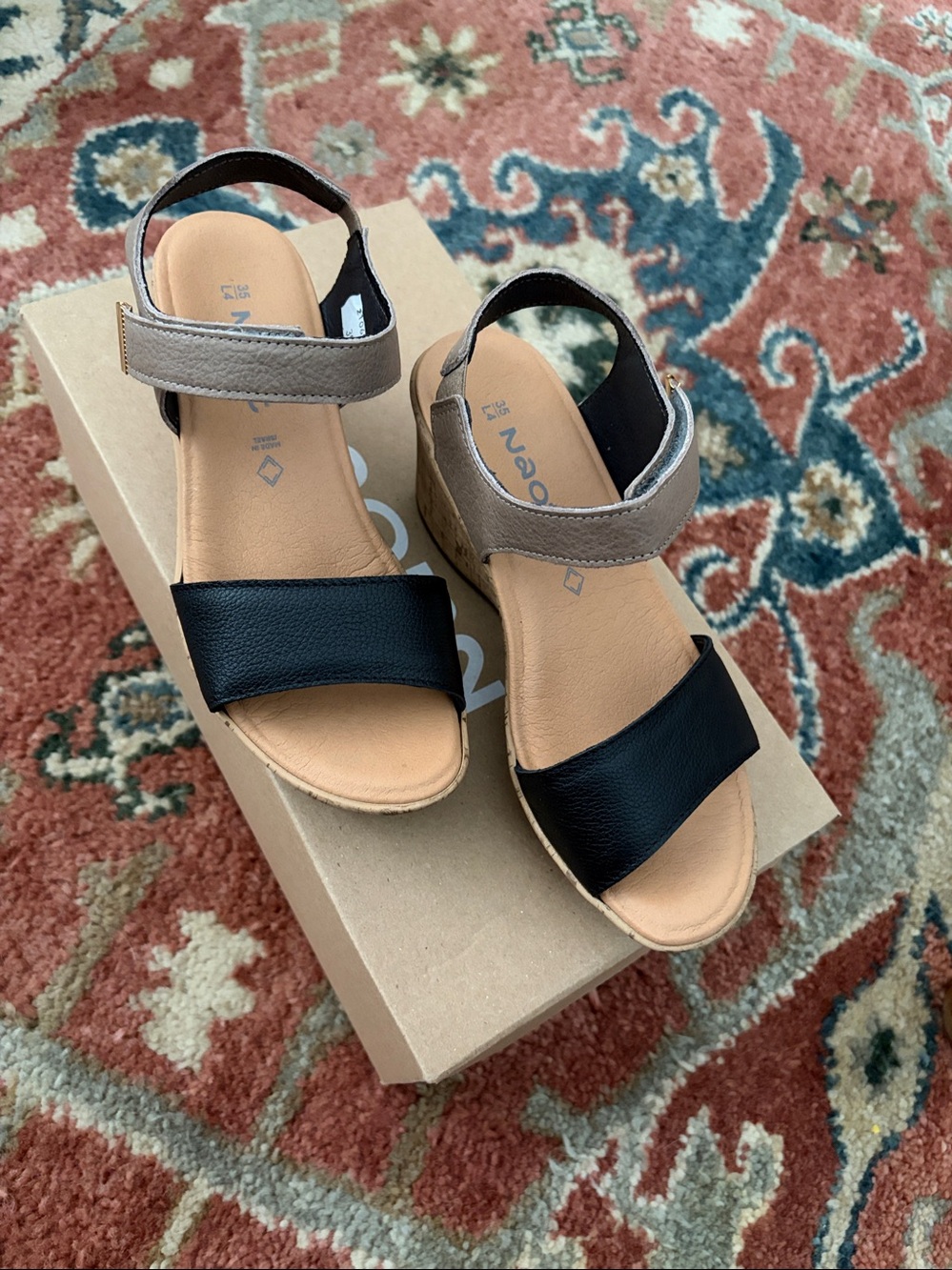 Naot Comfort Wedge Sandals - Black & Taupe